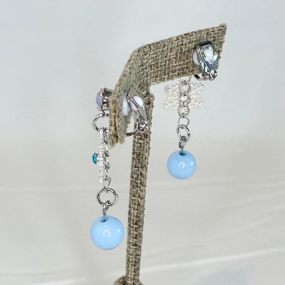 Snowflake Clip On Earrings Kids Blue Bead Dangle‎ Rhinestone Winter Jewelry